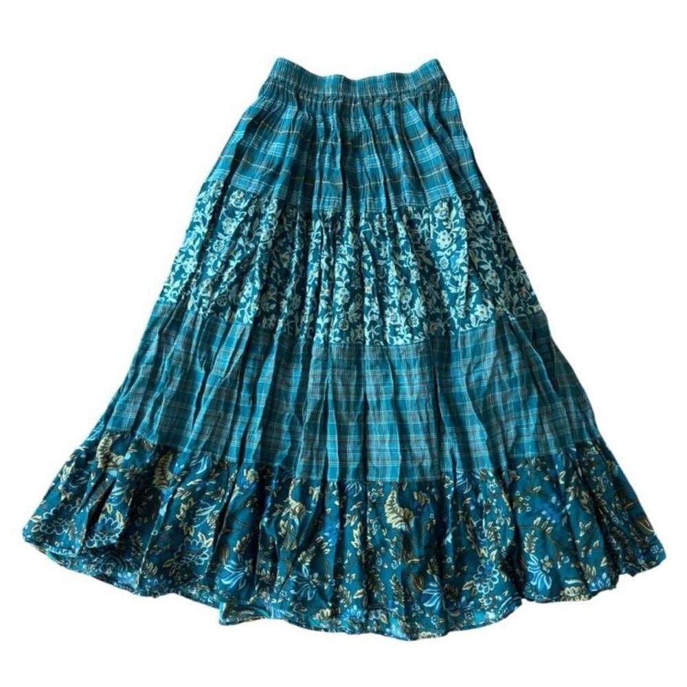Blue plaid maxi skirt with floral embroidery and ruffles Elastic waist XS-M